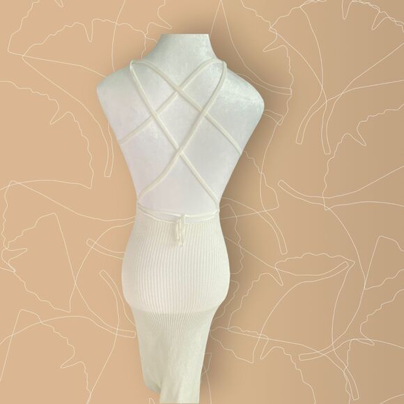 White High Slit Cover Up Mesh Textured Maxi Sun Beach Dress Backless Small - Picture 8 of 14